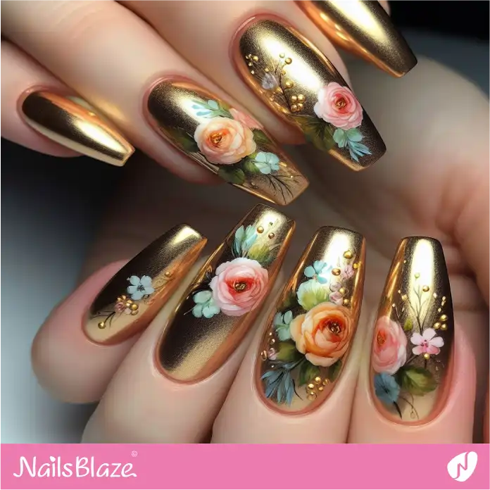 Gold Chrome Nails with Watercolor Flowers | Paint Nail Art - NB2220